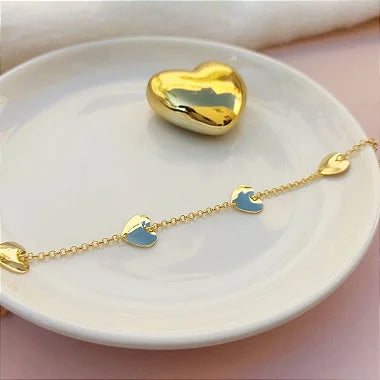 Pulseira Corações Espelhados Banho em Ouro 18k Veri
