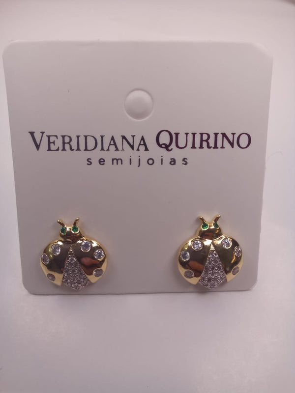 Brinco Joaninha Zircônia Esmeralda Banho de Ouro 18k Veri