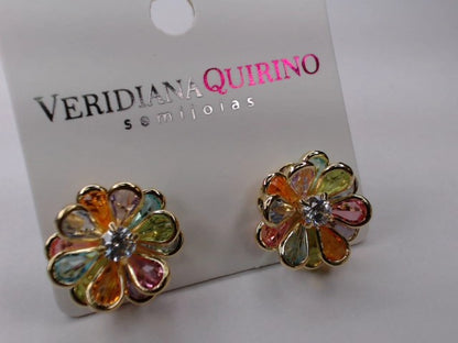 Brinco Flor Pétalas Zircônias Coloridas Banhado a Ouro 18k Veri