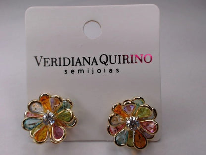 Brinco Flor Pétalas Zircônias Coloridas Banhado a Ouro 18k Veri