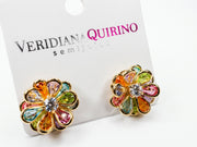 Brinco Flor Pétalas Zircônias Coloridas Banhado a Ouro 18k Veri