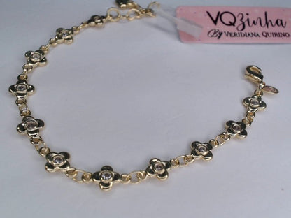 Pulseira Feminina Flores Zircônia Incolor Banho Ouro 18k Veri