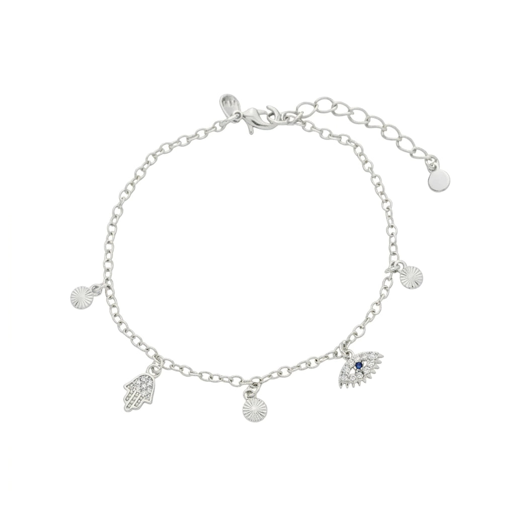 Hamsa Hand and Evil Eye White Rhodium Plated Bracelet