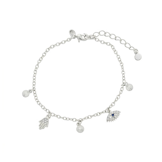 Pulseira Mão de Fátima e Olho Grego Banho de Ródio Branco