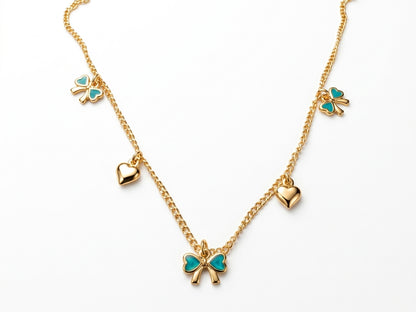 Colar Curto Coração e Laço Esmaltado Verde Ouro 18k Veri