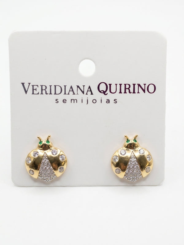 Brinco Joaninha Zircônia Esmeralda Banho de Ouro 18k Veri