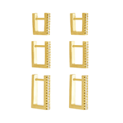 Trio de Brincos Argolinha Quadrada Cravejada Dourada Belice