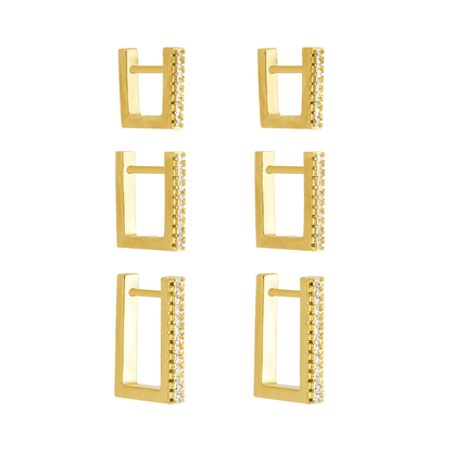 Trio de Brincos Argolinha Quadrada Cravejada Dourada Belice
