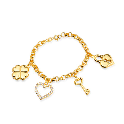 Pulseira Elo Português Dourada com Pingentes Ouro 24K - Belice Joias
