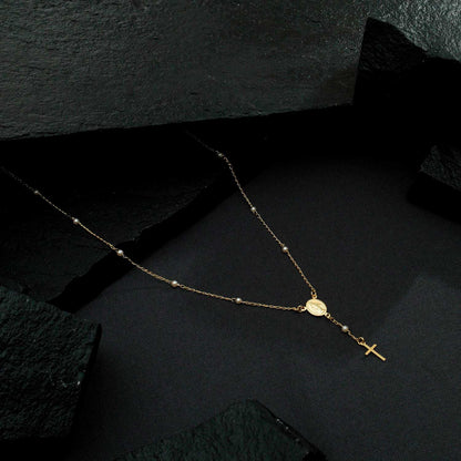 Colar Terço Dourado Cruz e Pérolas Ouro 24K - Belice Joias