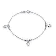 Pulseira Prateada Feminina 3 Pingentes Coração - Belice Joias
