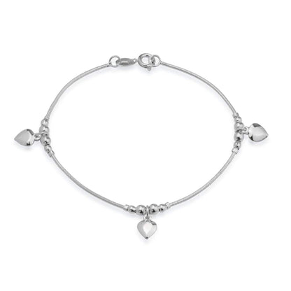 Pulseira Prateada Feminina 3 Pingentes Coração - Belice Joias