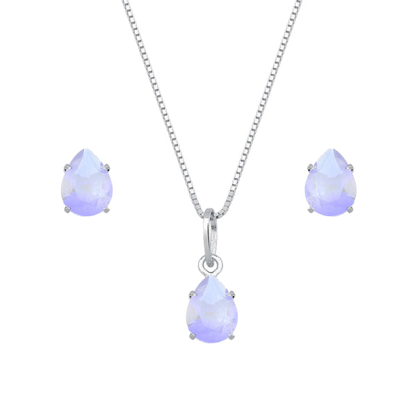 Conjunto Colar e Brinco Gota Roxa Zircônia Prata 925 Belice Joias