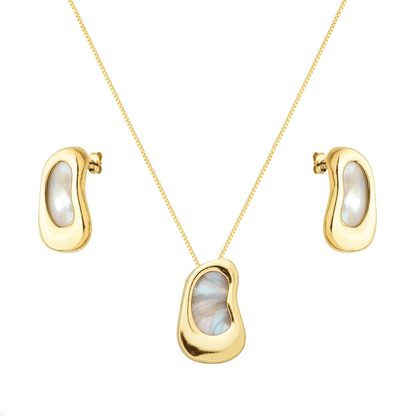 Conjunto Colar e Brinco Dourado Orgânico Madrepérola Belice Joias