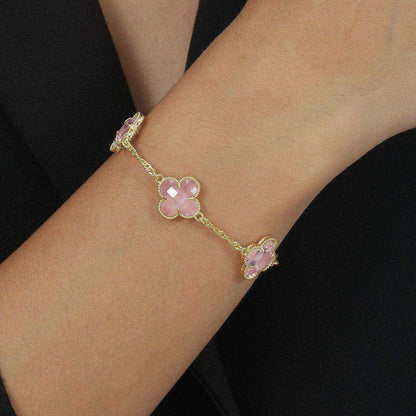 Pulseira Trevo Zircônia Rosa Banhada a Ouro 24K - Belice Joias