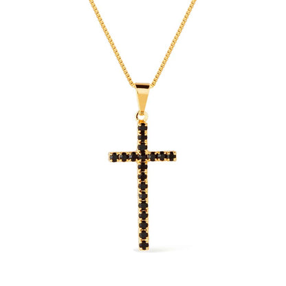 Colar Feminino Cruz Pedra Natural Negra Ouro 24k | Belice Joias