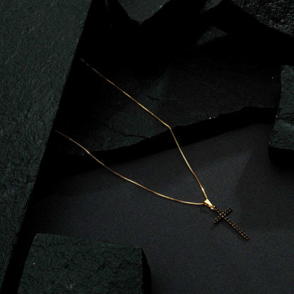 Colar Feminino Cruz Pedra Natural Negra Ouro 24k | Belice Joias