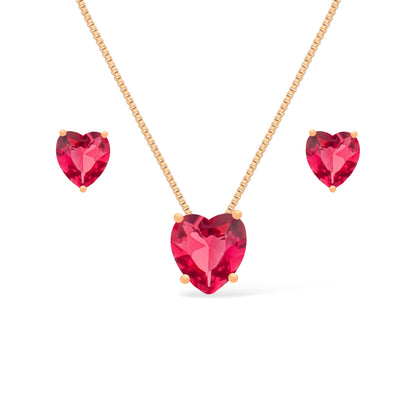 Conjunto Colar e Brinco Coração Vermelho Ouro 24K - Belice Joias