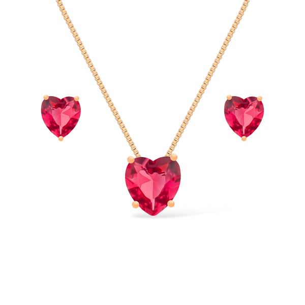 Conjunto Colar e Brinco Coração Vermelho Ouro 24K - Belice Joias
