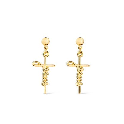 Brinco de Cruz Dourado Palavra Jesus Ouro 24K - Belice Joias