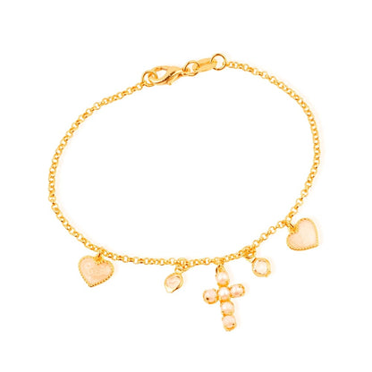 Pulseira Dourada Religiosa Cruz de Pérolas - Belice Joias