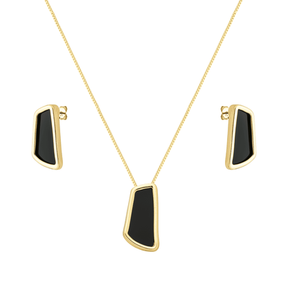 Conjunto Colar Dourado Estilo Orgânico Preto - Belice Joias