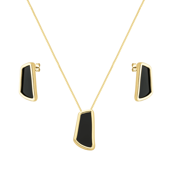 Conjunto Colar Dourado Estilo Orgânico Preto - Belice Joias