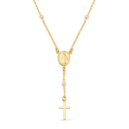 Colar Terço Dourado Cruz e Pérolas Ouro 24K - Belice Joias