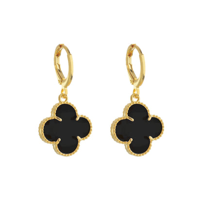 Brinco Dourado Trevo Zircônia Preta Ouro 24K - Belice Joias