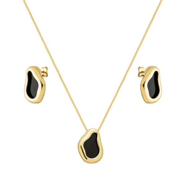 Conjunto Feminino Dourado Formato Orgânico Preto - Belice Joias