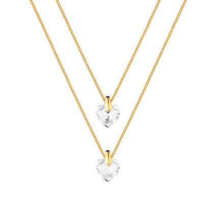 Colar Duplo Dourado Coração Cristal Banhado a Ouro 24K - Belice