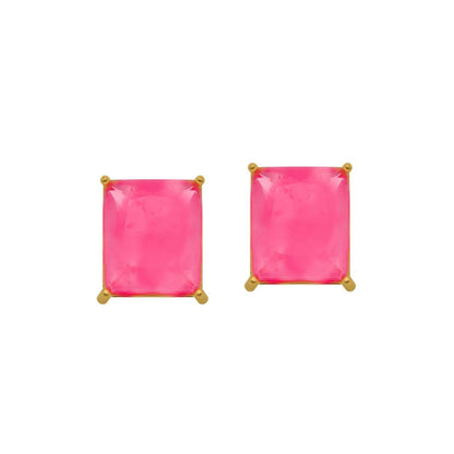 Brinco Dourado Pedra Retangular Rosa Antialérgico - Belice Joias