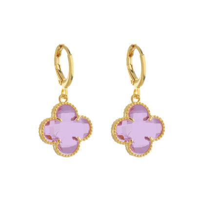 Brinco Trevo Dourado com Zircônia Rosa em Ouro 24K - Belice Joias