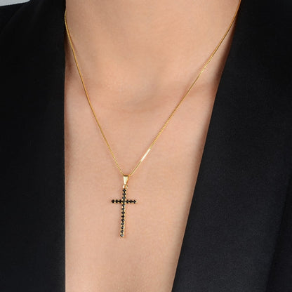 Colar Feminino Cruz Pedra Natural Negra Ouro 24k | Belice Joias