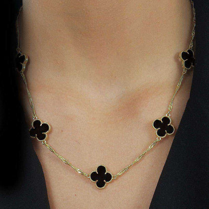 Colar Dourado 5 Trevos Preto Banhado Ouro 24K - Belice Joias