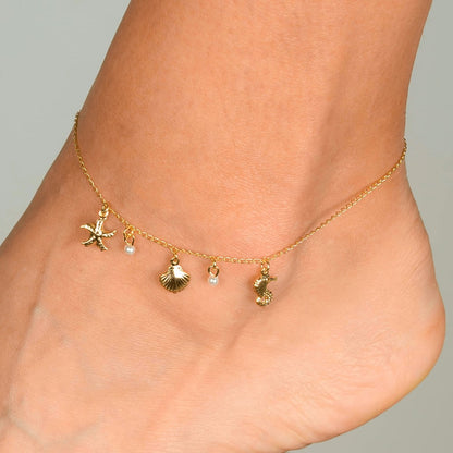 Tornozeleira Dourada Fundo do Mar com Pérolas Ouro 24K - Belice Joias