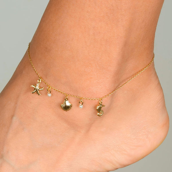 Tornozeleira Dourada Fundo do Mar com Pérolas Ouro 24K - Belice Joias