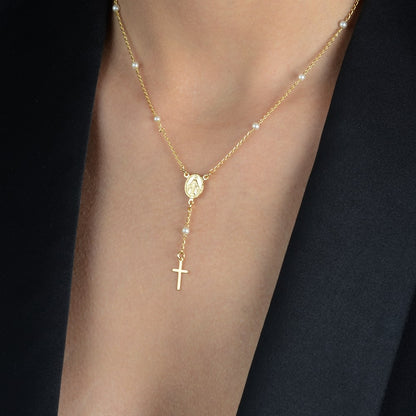 Colar Terço Dourado Cruz e Pérolas Ouro 24K - Belice Joias