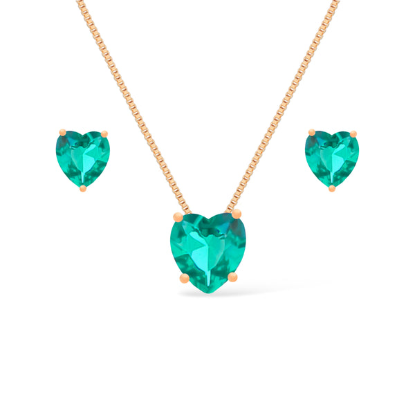 Conjunto Colar e Brinco Coração Verde Ouro 24K - Belice Joias