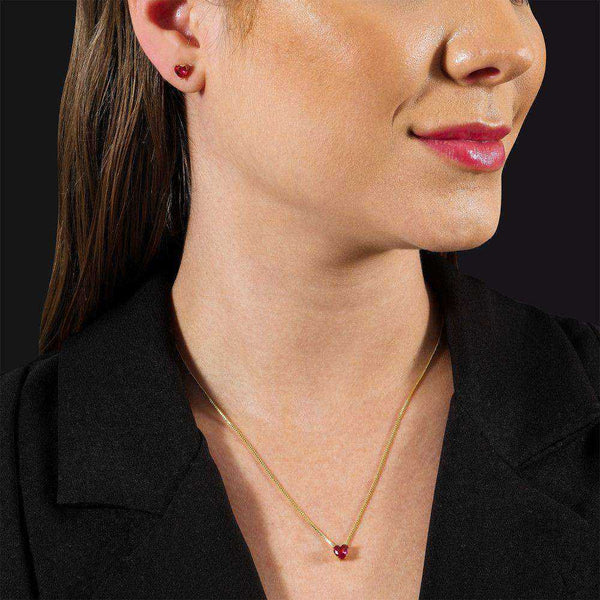 Conjunto Colar e Brinco Coração Vermelho Ouro 24K - Belice Joias