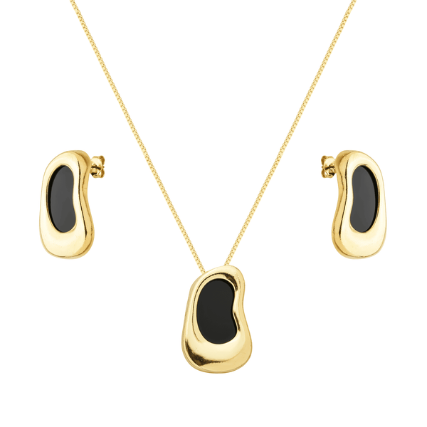 Conjunto Colar e Pingente Dourado Orgânico Preto - Belice Joias