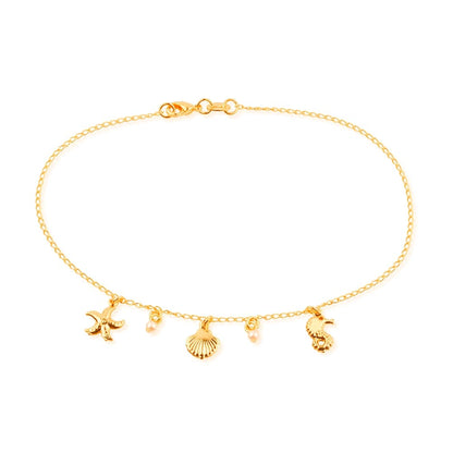 Tornozeleira Dourada Fundo do Mar com Pérolas Ouro 24K - Belice Joias