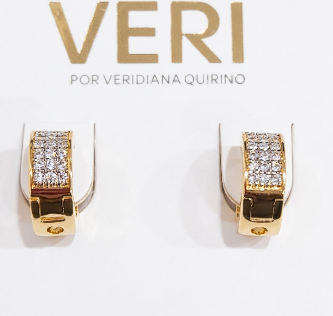 Brinco Argola Três Linhas Cravejado em Ouro 18k Veri
