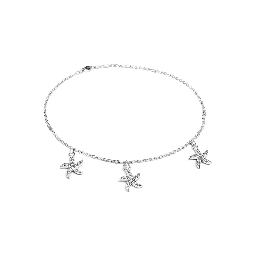 Tornozeleira Prata 925 com Pingentes de Estrela-do-Mar Cravejados